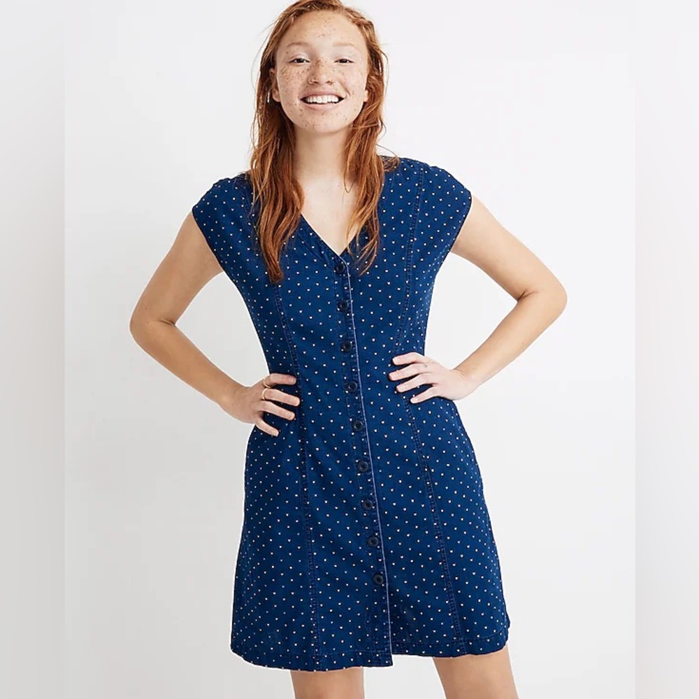 Indigo Cap-Sleeve Button-Front Dress in Rainbow Heart